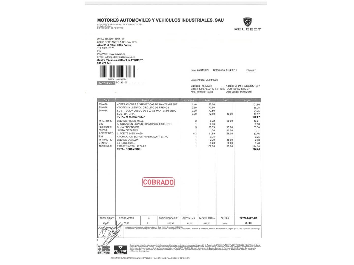Foto del mantenimiento del Peugeot 3008 Peugeot 3008 PureTech 130 S&S Allure (130 CV)