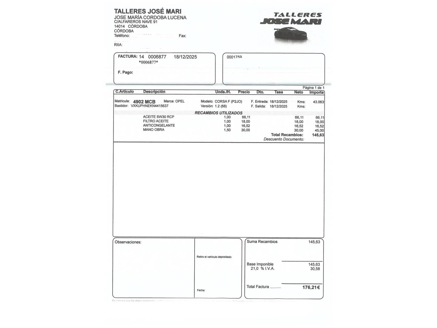 Foto del mantenimiento del Opel Corsa Opel Corsa 1.2 Turbo XHL Elegance (100 CV)