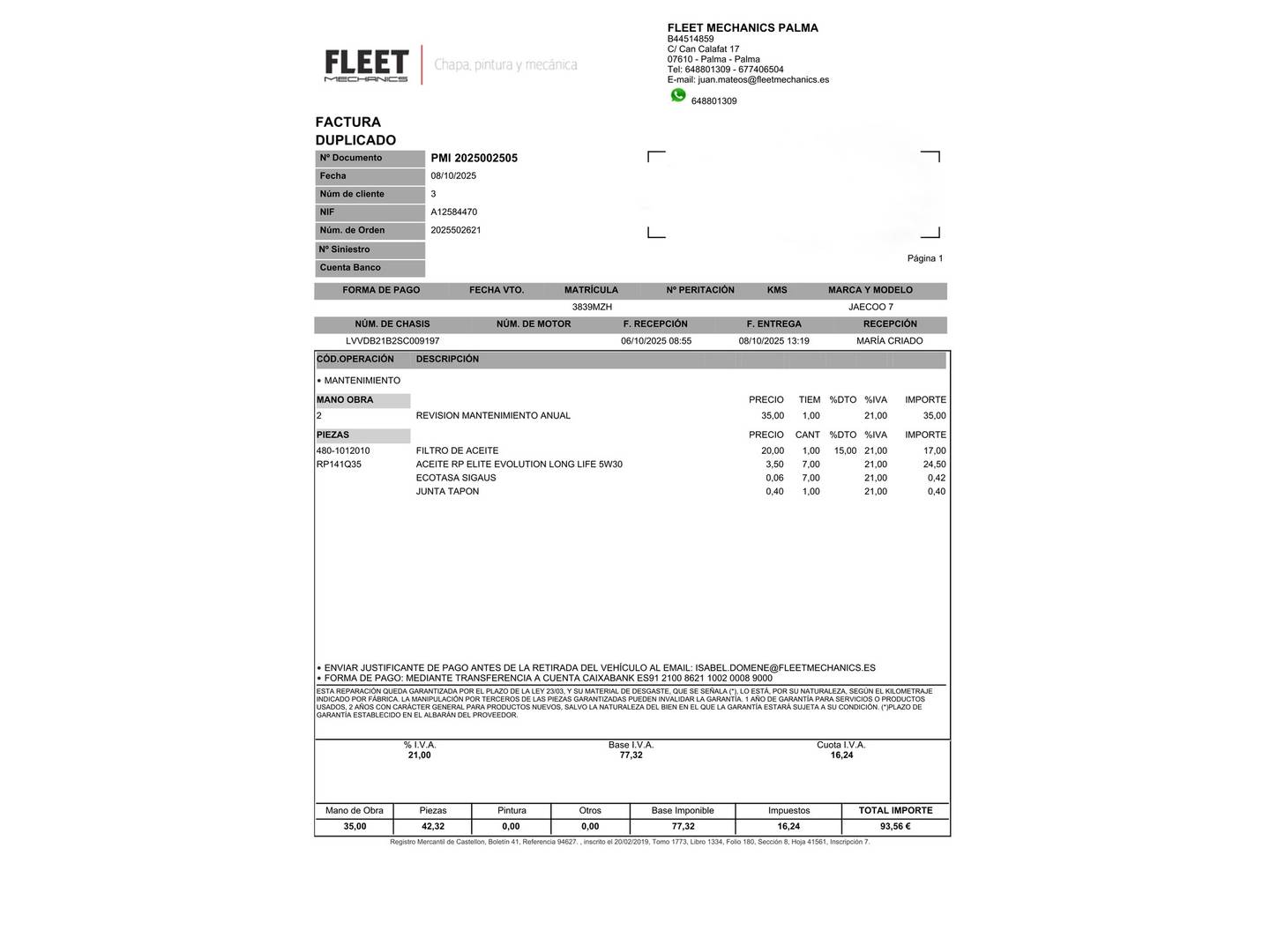Foto del mantenimiento del JAECOO 7 JAECOO 7 1.6 TGDI Select FWD (145 CV)