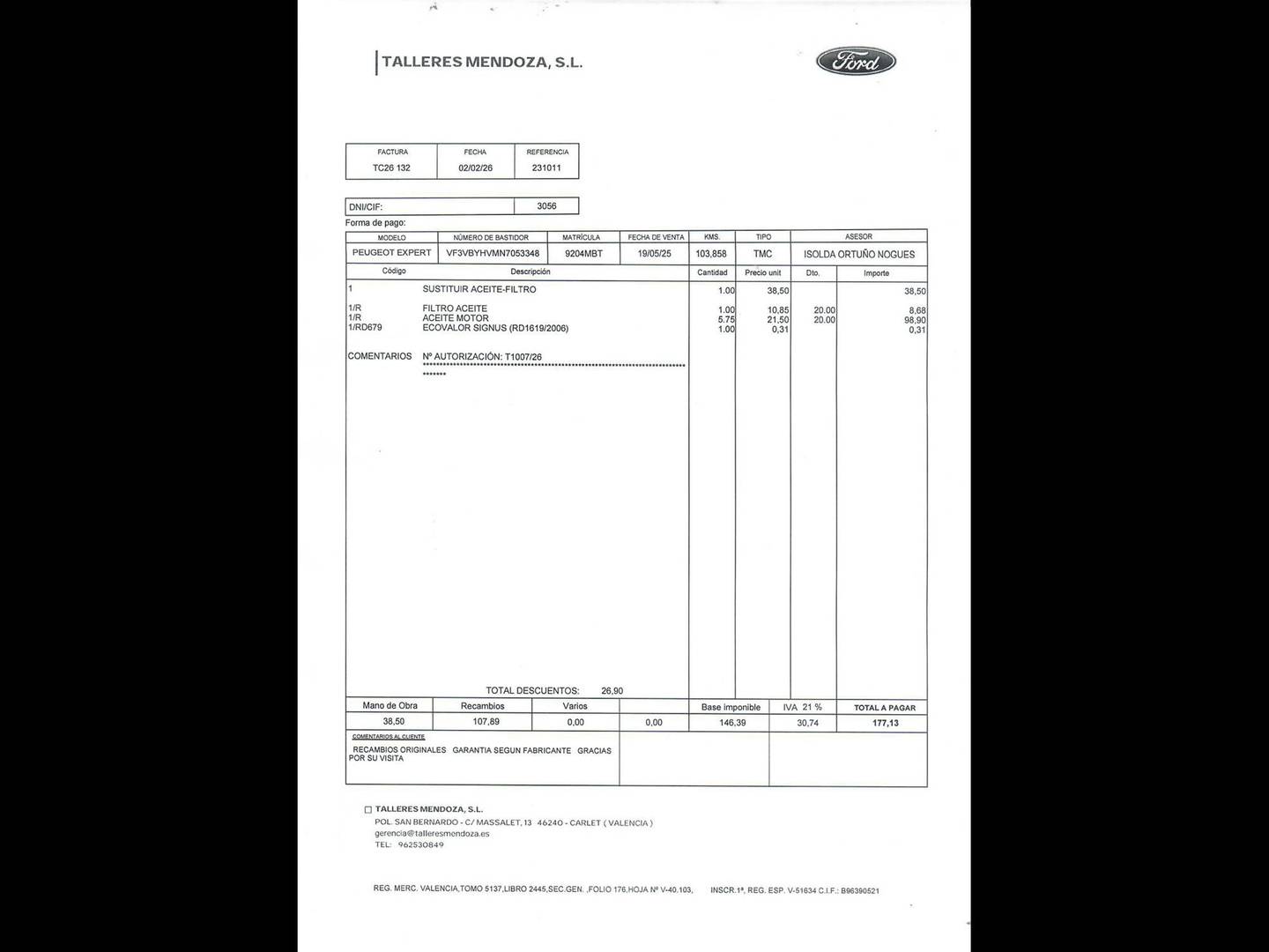 Foto del certificado del Peugeot Expert Peugeot Expert Furgon BlueHDi 120 S&S Pro Standard (122 CV)