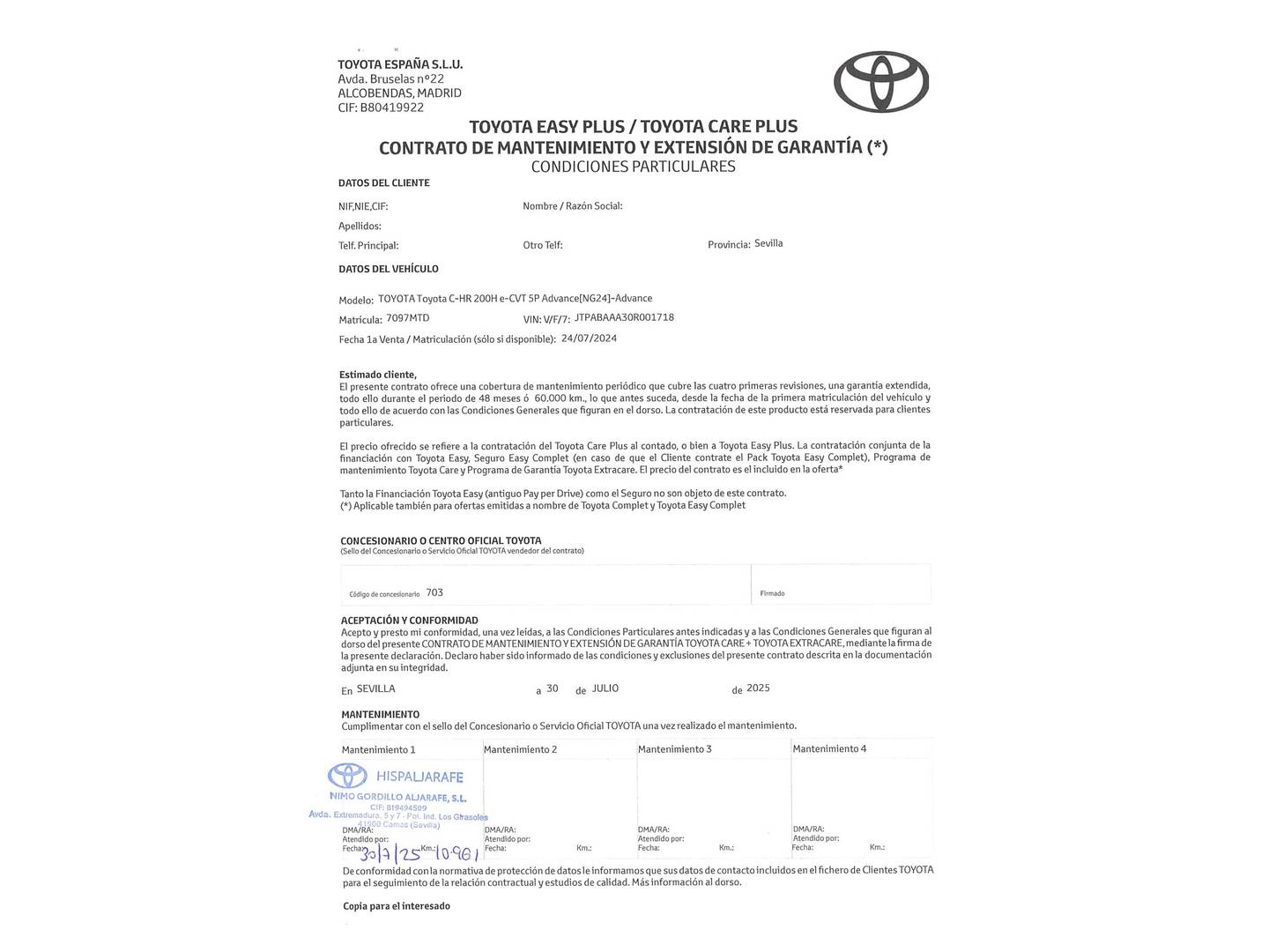 Foto del mantenimiento del Toyota C-HR Toyota C-HR 180H Advance (184 CV)