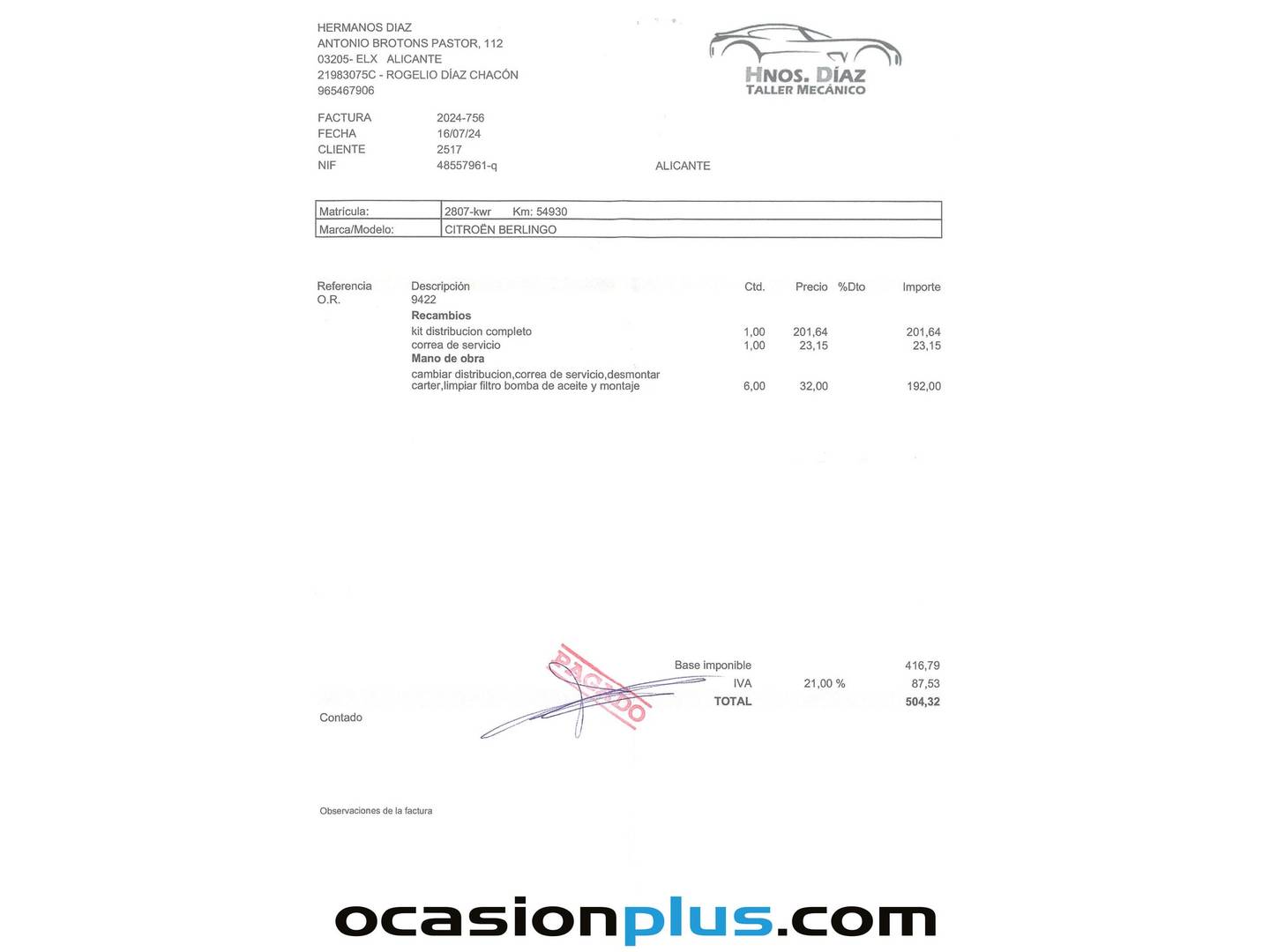 Foto del mantenimiento del Citroën Berlingo Citroën Berlingo Combi PureTech 110 S&S Talla M Feel (110 CV)