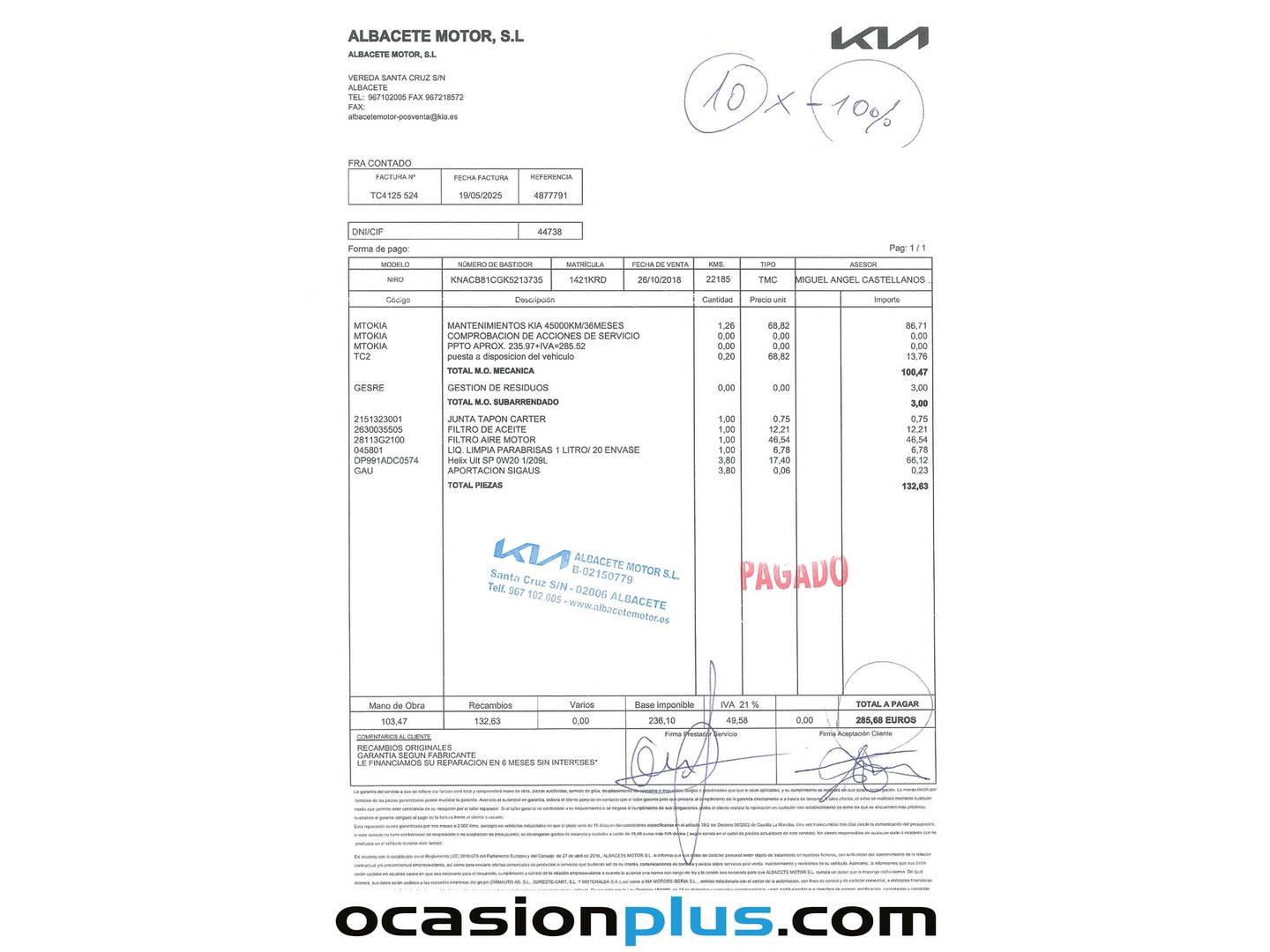 Foto del mantenimiento del KIA Niro Kia Niro 1.6 GDi HEV Drive (141 CV)