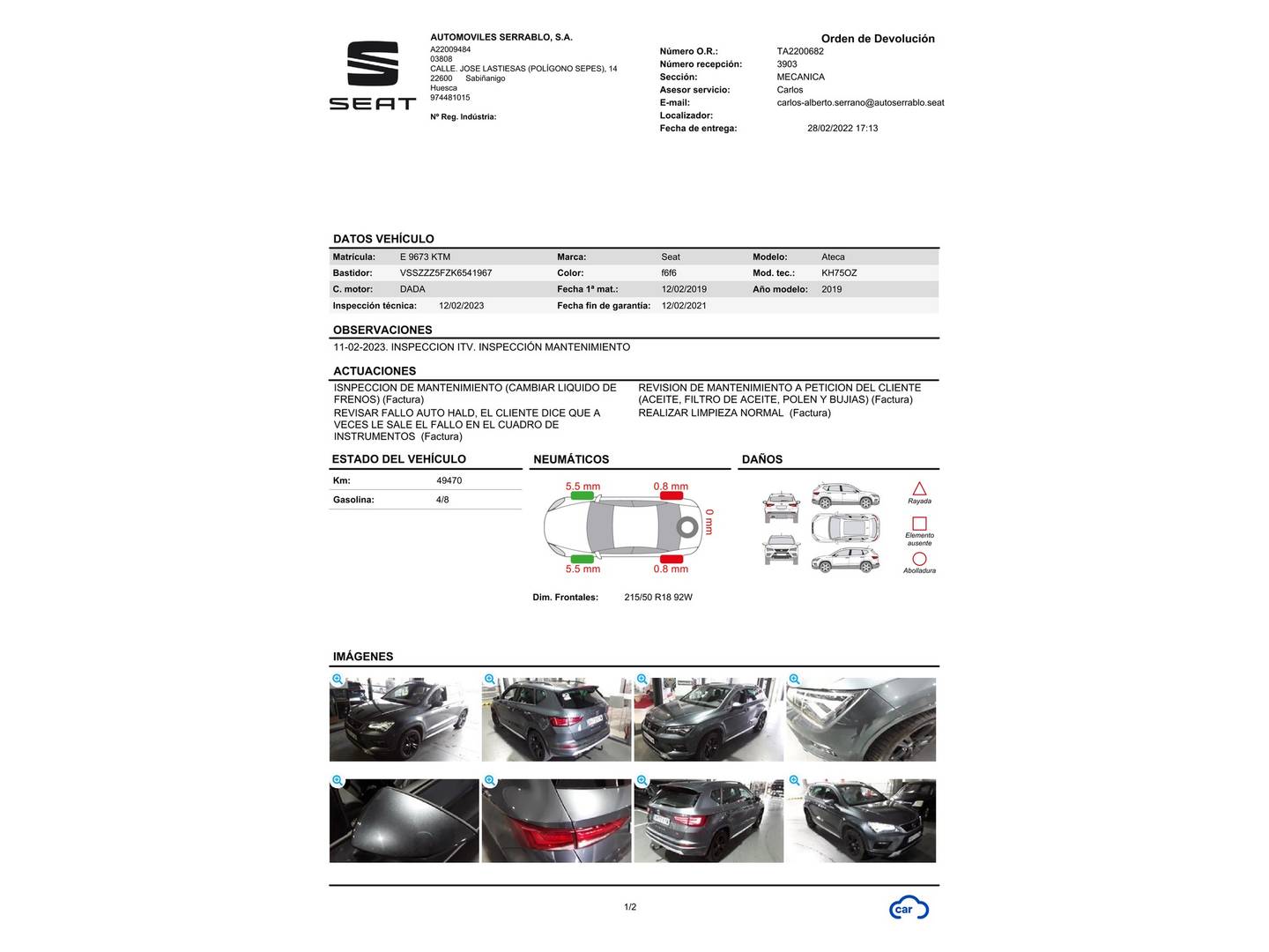 Foto del mantenimiento del Seat Ateca Seat Ateca 1.5 TSI S&S FR Plus DSG (150 CV)