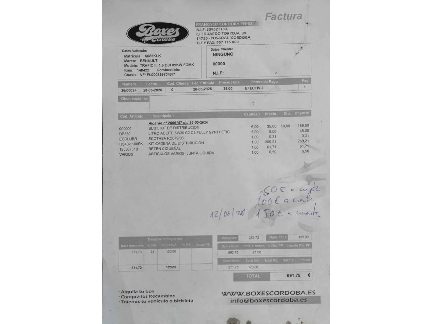 Foto del mantenimiento del Renault Trafic Renault Trafic dCi 120 Furgon 27 L1H1 (120 CV)