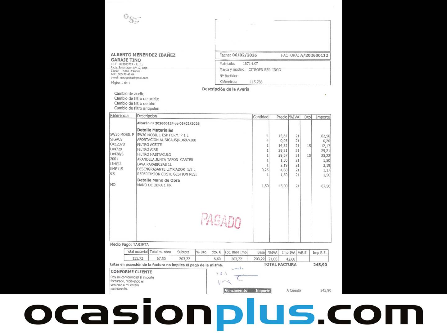 Foto del mantenimiento del Citroën Berlingo Citroën Berlingo BlueHDi 100 S&S Talla XL Feel (102 CV)