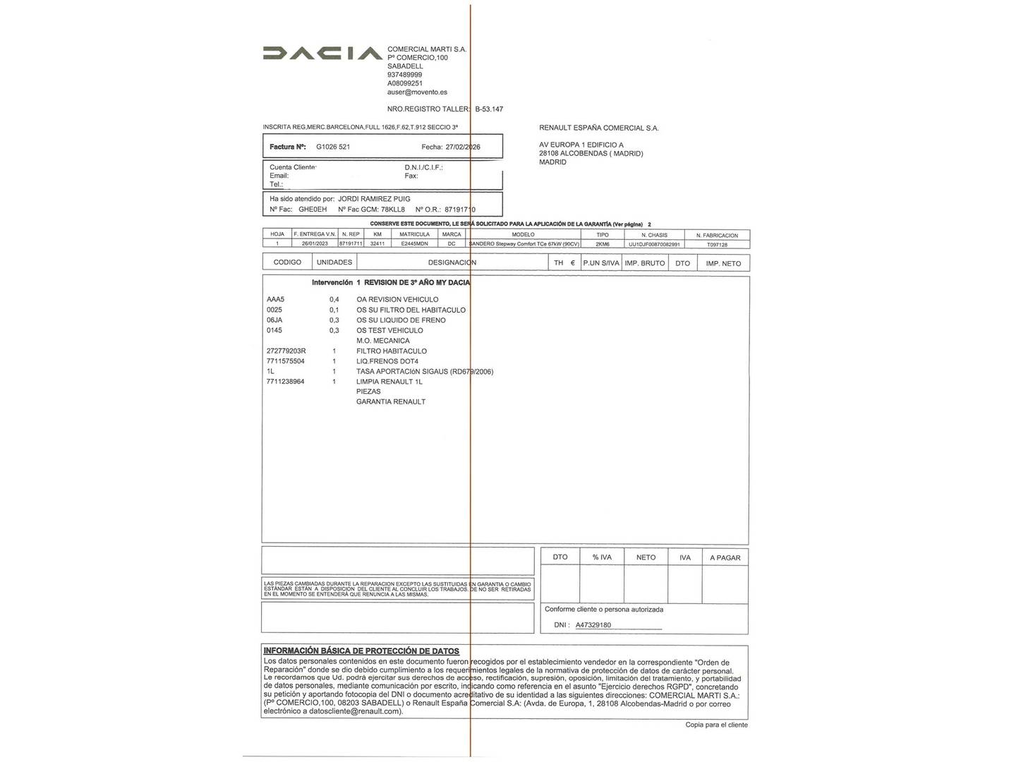 Foto del mantenimiento del Dacia Sandero Dacia Sandero Stepway Comfort TCe (91 CV)