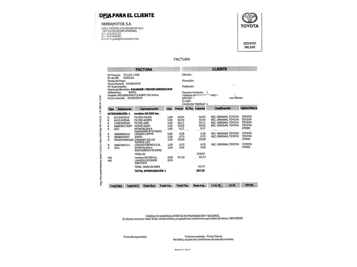 Foto del mantenimiento del Toyota Auris Toyota Auris 130 Active (132 CV)