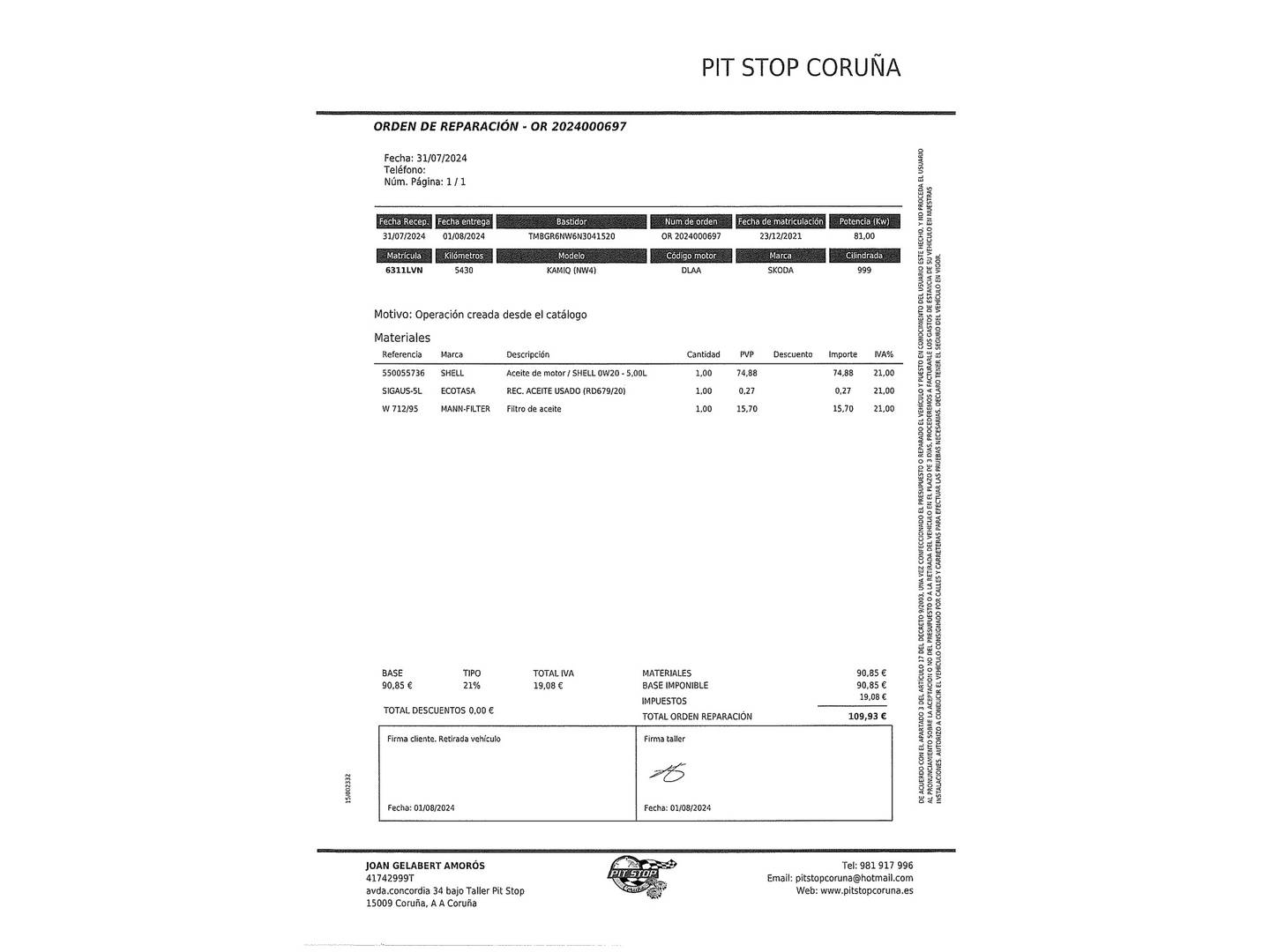Foto del mantenimiento del Skoda Kamiq Skoda Kamiq 1.0 TSI Sport (110 CV)