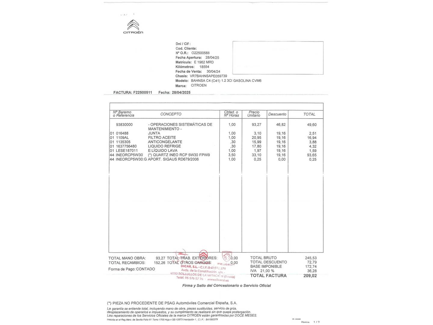 Foto del mantenimiento del Citroën C4 Citroën C4 PureTech 130 S&S Feel (130 CV)