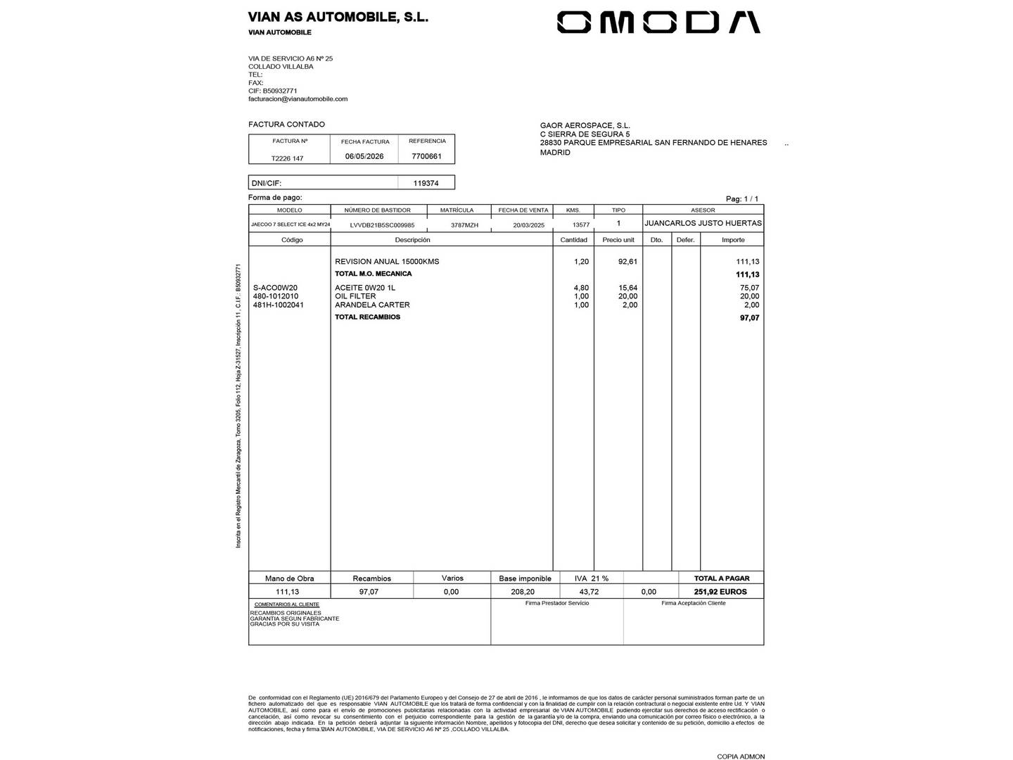 Foto del mantenimiento del JAECOO 7 JAECOO 7 1.6 TGDI Select FWD (145 CV)