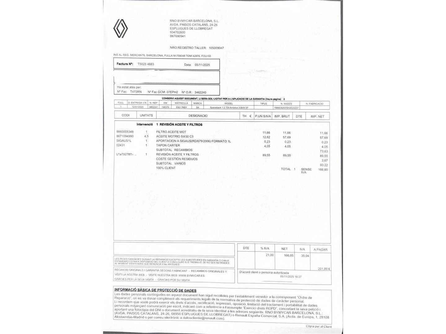 Foto del mantenimiento del Skoda Rapid Skoda Rapid 1.2 TSI Ambition (90 CV)