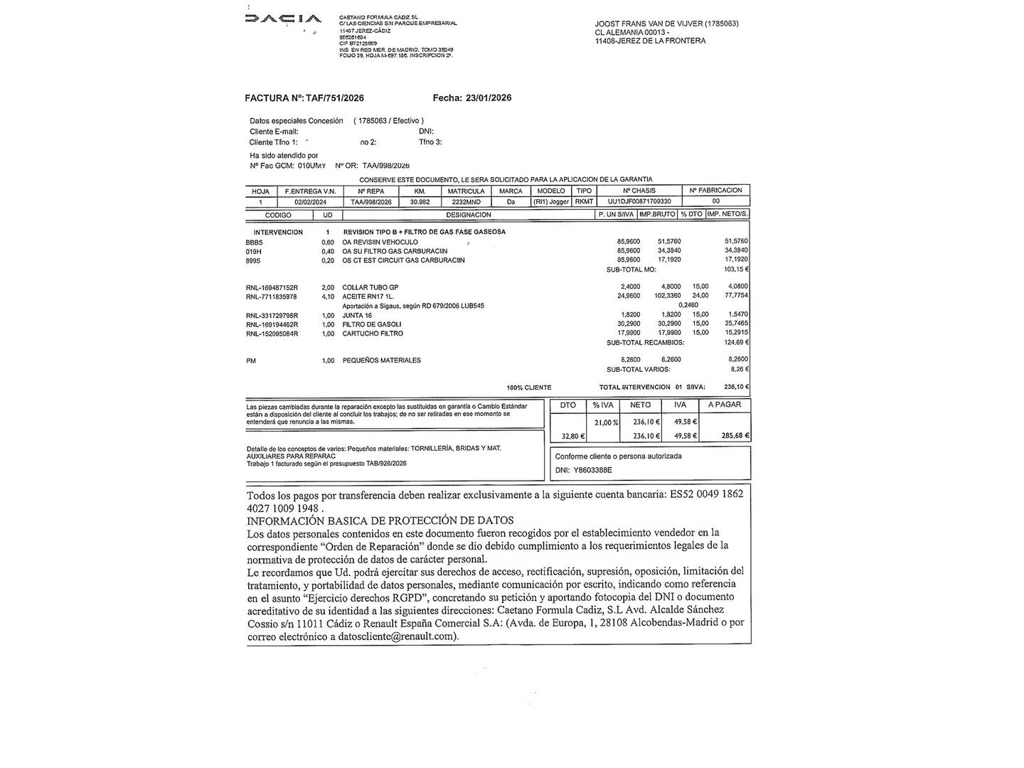 Foto del mantenimiento del Dacia Jogger Dacia Jogger Extreme Go ECO-G  (100 CV) 7 Plazas