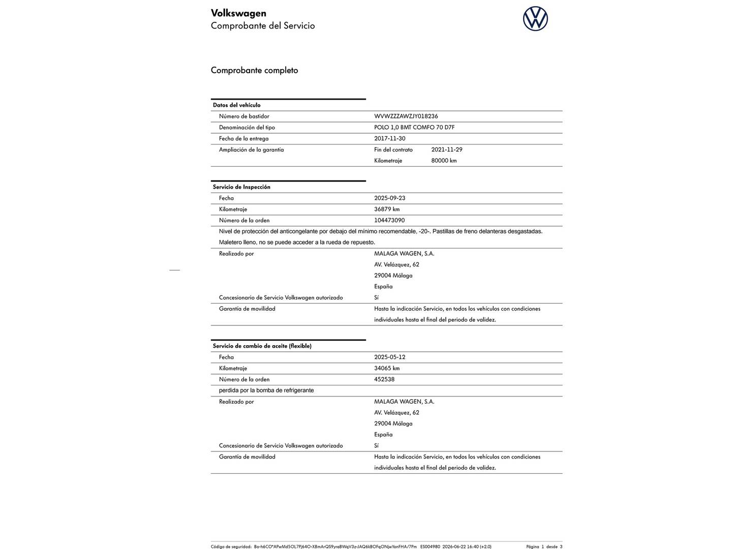 Foto del mantenimiento del Volkswagen Polo Volkswagen Polo Advance 1.0 TSI (95 CV) DSG