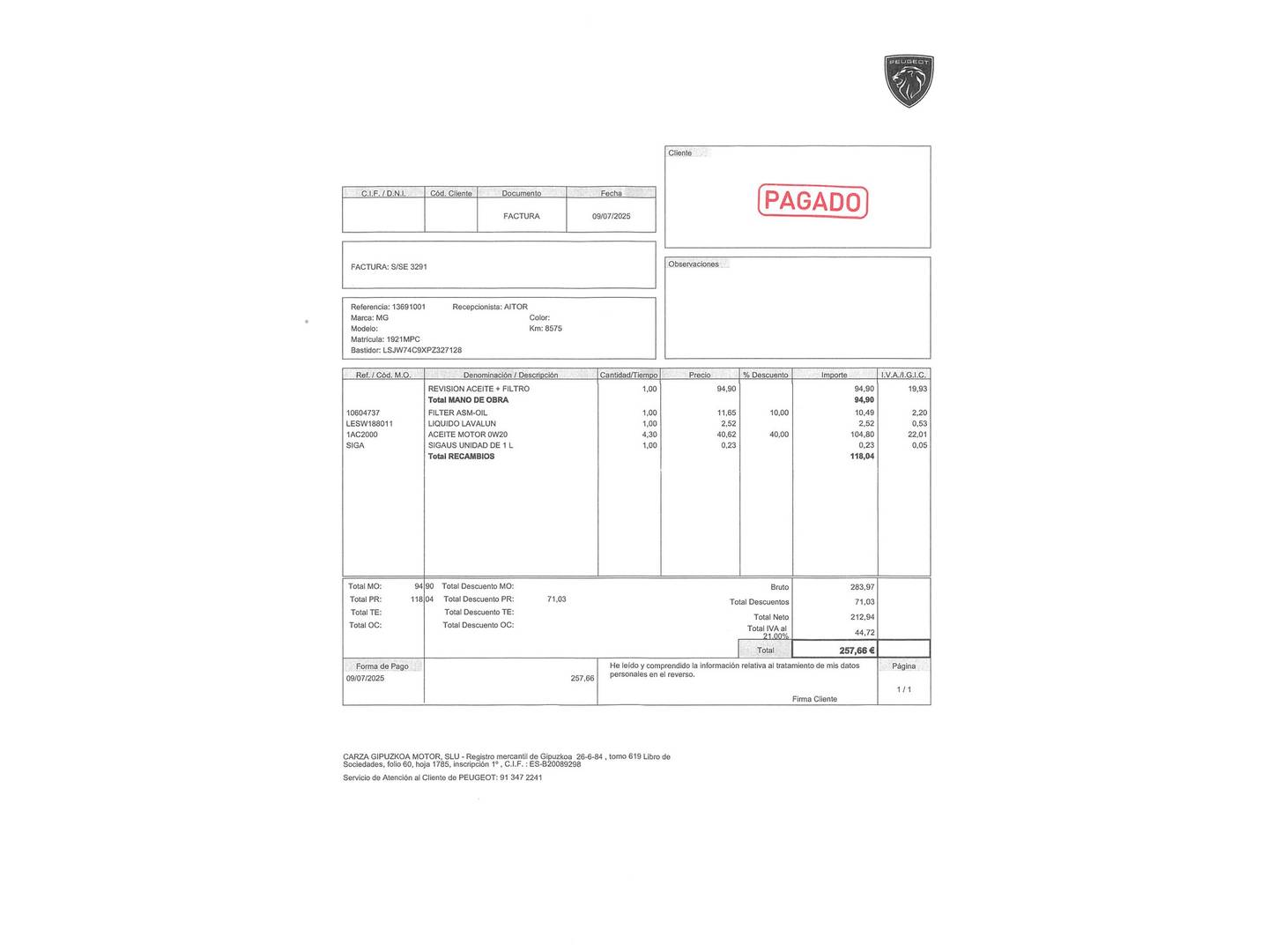 Foto del mantenimiento del MG ZS MG ZS 1.0T Luxury Auto (111 CV)
