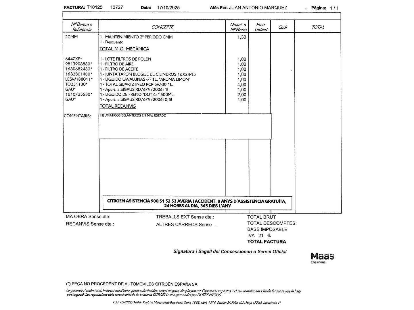Foto del mantenimiento del Citroën Grand C4 Spacetourer Citroën Grand C4 Spacetourer BlueHDi 130 6v S&S Origins (130 CV) 7 Plazas