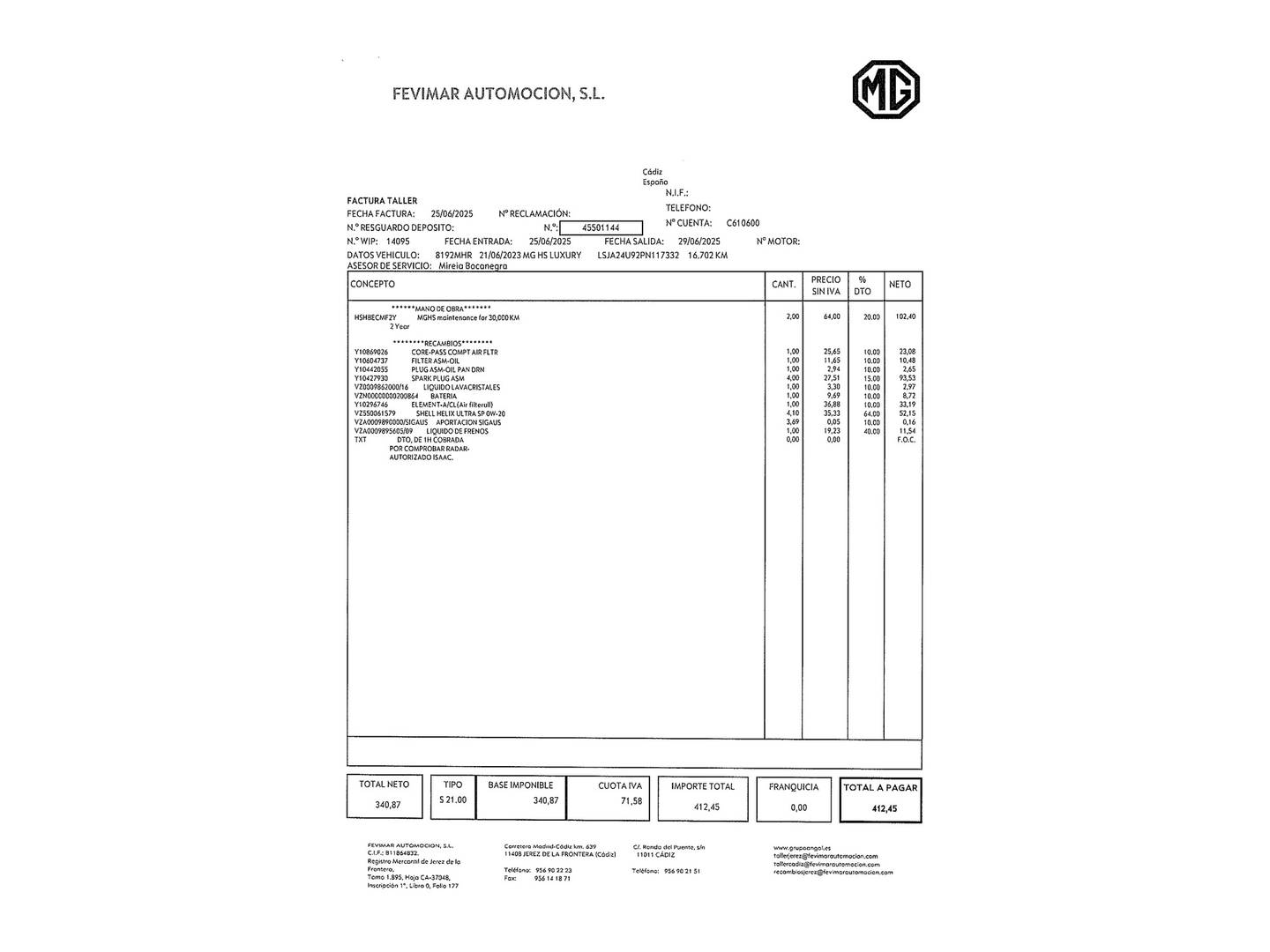 Foto del mantenimiento del MG HS MG HS 1.5 Turbo GDI Luxury DCT (162 CV)