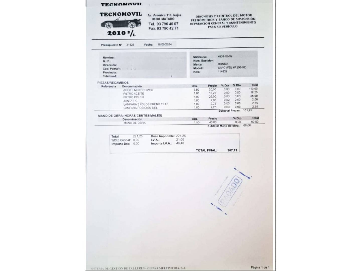 Foto del mantenimiento del Honda Civic Honda Civic 2.2 i-CTDi Sport (140 CV)