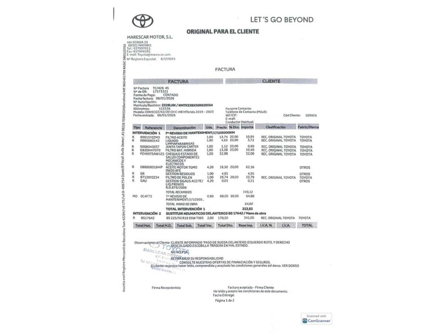 Foto del mantenimiento del Toyota C-HR Toyota C-HR 1.8 125H Advance (122 CV)