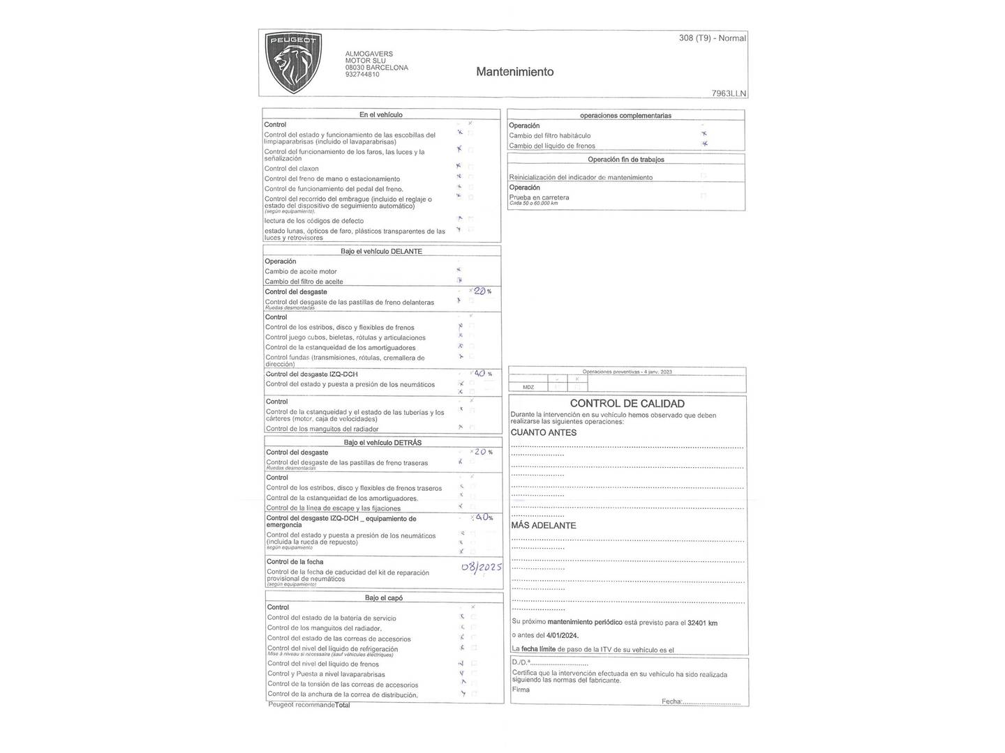 Foto del mantenimiento del Peugeot 308 Peugeot 308 PureTech 130 S&S GT (130 CV)