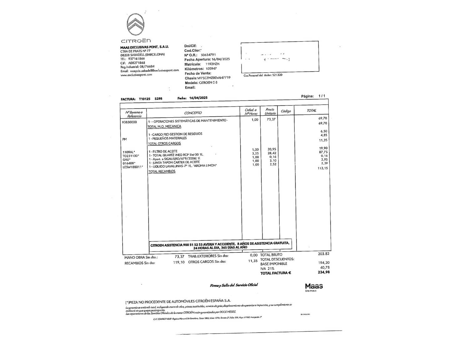 Foto del mantenimiento del Citroën C3 Citroën C3 PureTech 68 Tonic (68 CV)