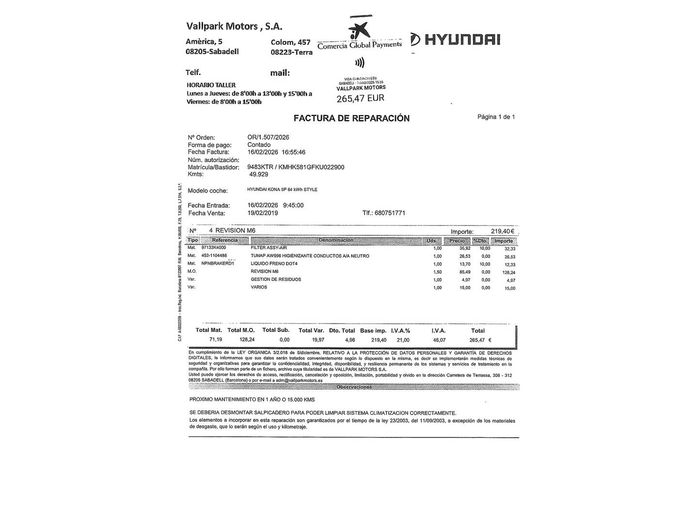 Foto del mantenimiento del Hyundai Kona Hyundai Kona EV Style (204 CV)
