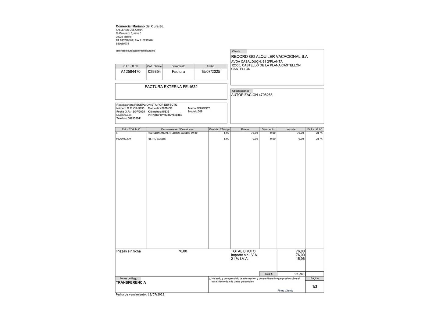 Foto del mantenimiento del Peugeot 308 Peugeot 308 Allure Pack BlueHDi 130 S&S EAT8 (130 CV)