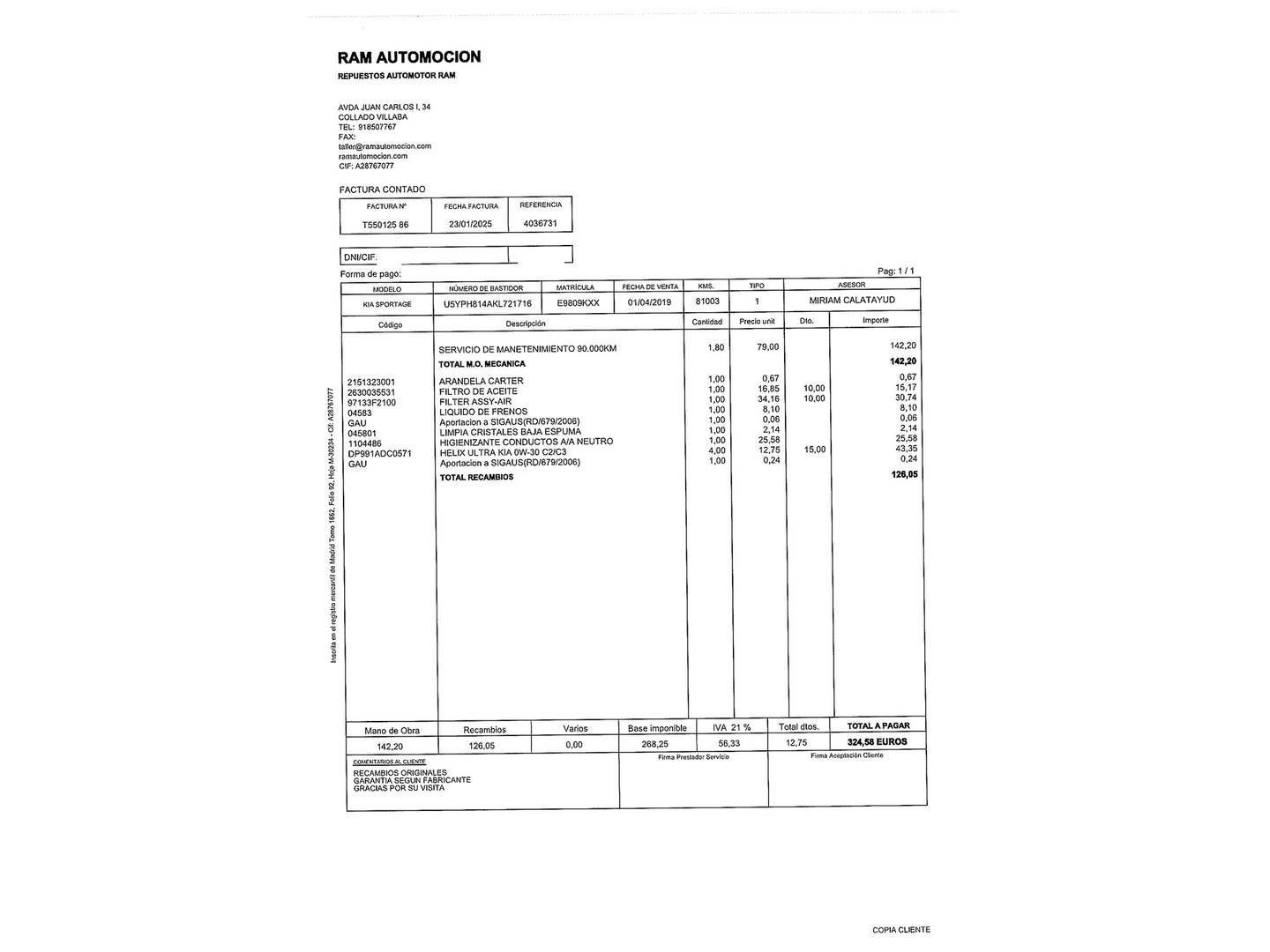 Foto del mantenimiento del KIA Sportage KIA Sportage 1.6 GDi Drive Plus 4x2 (132 CV)