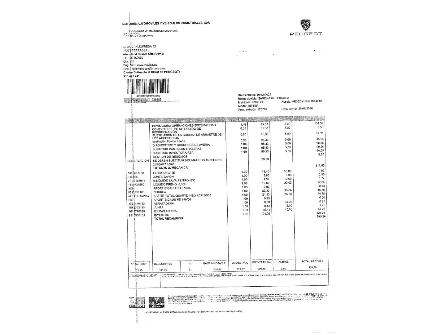 Foto del mantenimiento del Peugeot Rifter Peugeot Rifter BlueHDi 130 GT Line Standard (130 CV)