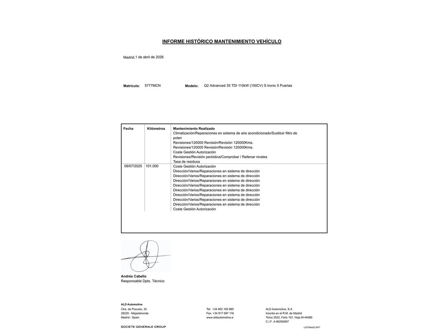 Foto del mantenimiento del Audi Q2 Audi Q2 Advanced 35 TDI (150 CV) S tronic