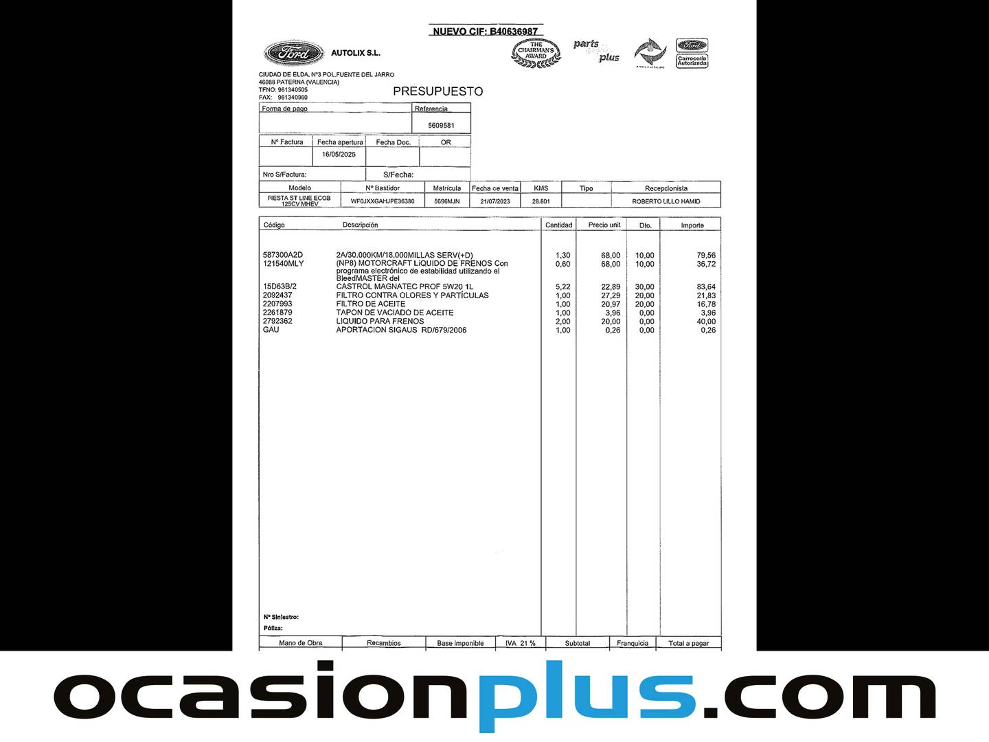 Foto del mantenimiento del Ford Fiesta Ford Fiesta 1.0 EcoBoost MHEV ST-Line (125 CV)
