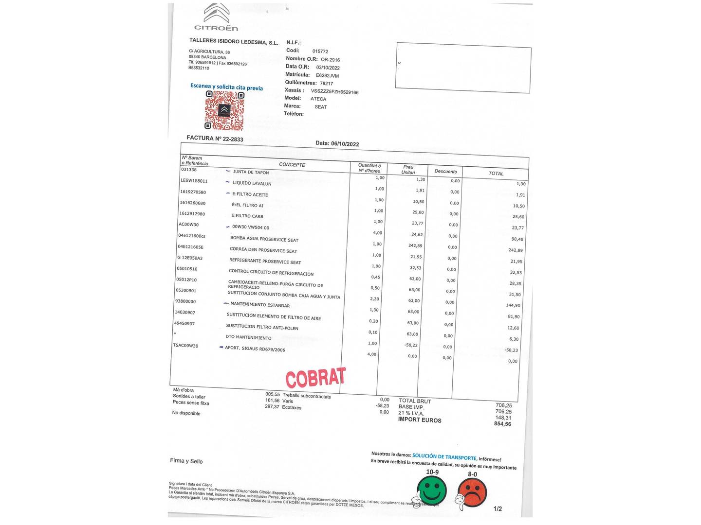 Foto del mantenimiento del Seat Ateca Seat Ateca 1.4 EcoTSI S&S Xcellence  (150 CV)