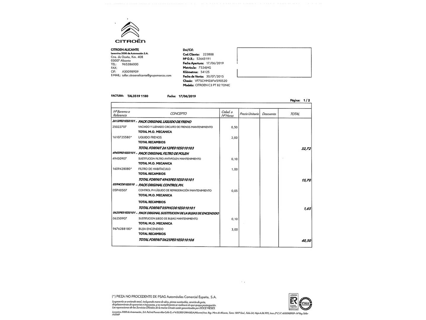 Foto del mantenimiento del Citroën C3 Citroën C3 PureTech 82 Tonic (82 CV)