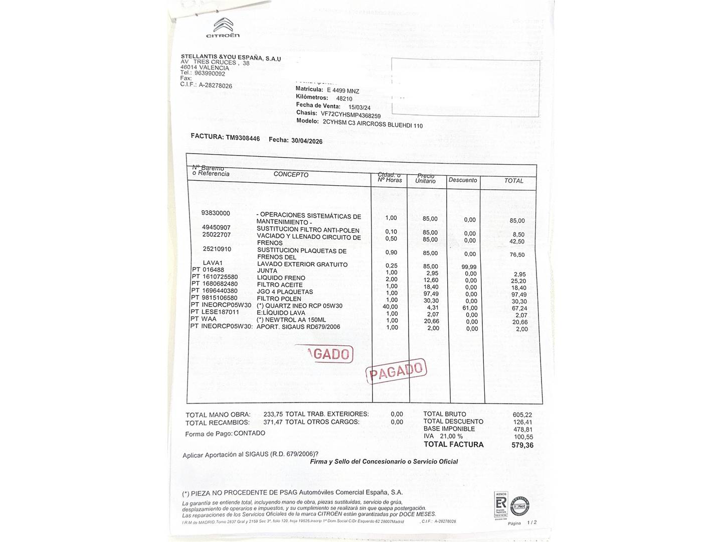 Foto del mantenimiento del Citroën C3 Aircross Citroën C3 Aircross BlueHDi 110 You! (110 CV)