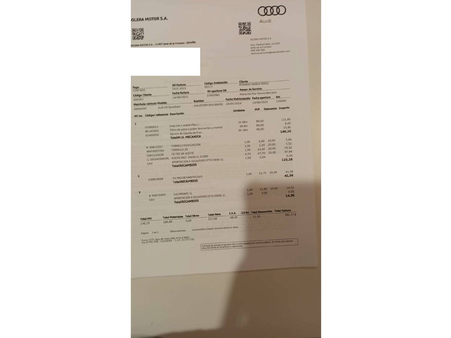 Foto del mantenimiento del Audi A3 Audi A3 Sportback Attracted 2.0 TDI (150 CV) S tronic