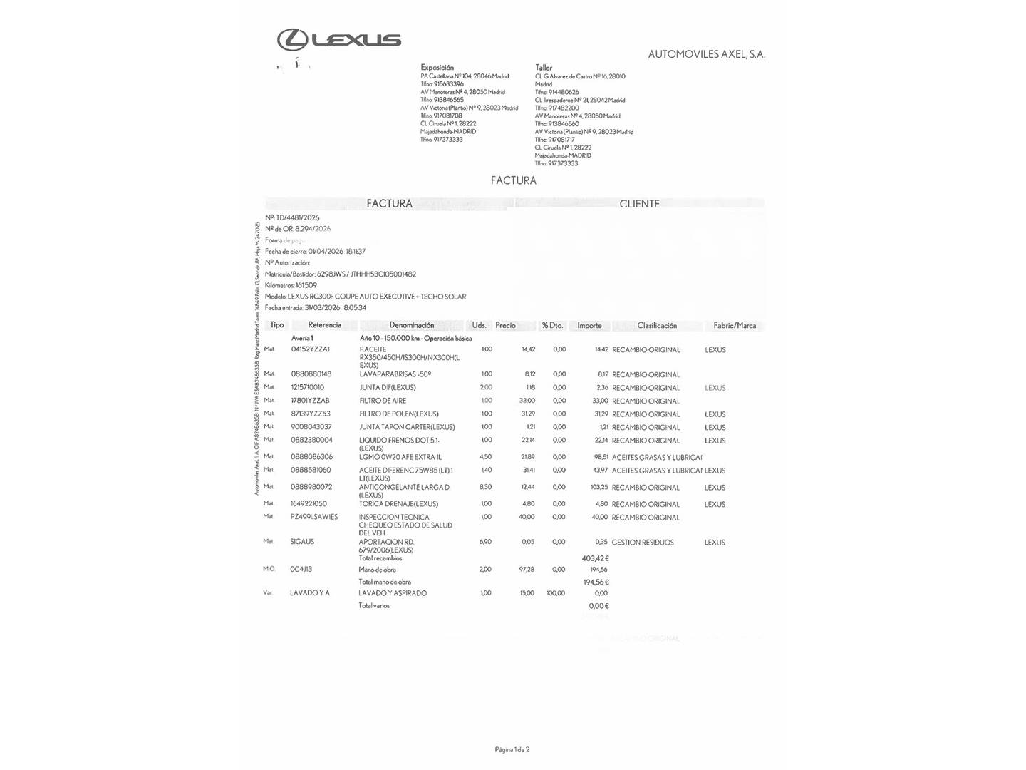 Foto del mantenimiento del Lexus RC Lexus RC RC 300h Executive + TS (223 CV)