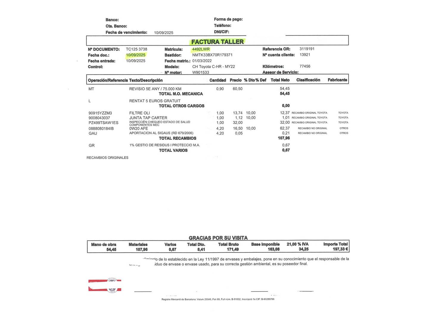 Foto del mantenimiento del Toyota C-HR Toyota C-HR 1.8 125H Advance (122 CV)