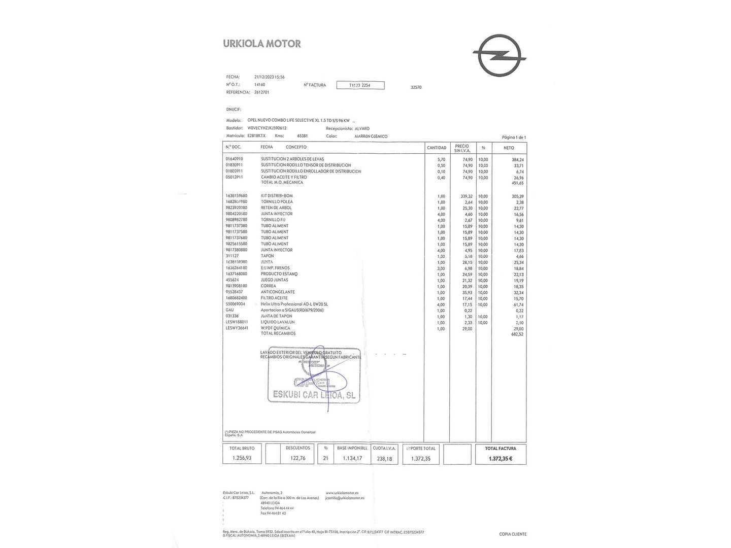 Foto del mantenimiento del Opel Combo Life Opel Combo Life 1.5 TD S&S Selective XL (130 CV)
