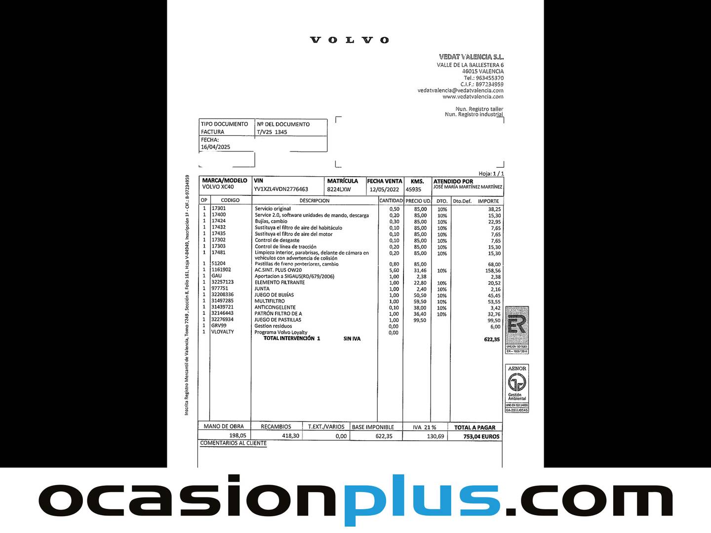 Foto del mantenimiento del Volvo XC40 Volvo XC40 T2 Core Auto (129 CV)