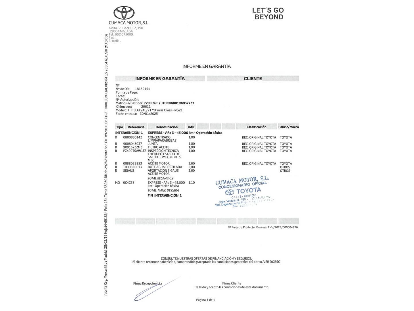 Foto del mantenimiento del Toyota Yaris Cross Toyota Yaris Cross 120H Active Tech 85 kW (116 CV)