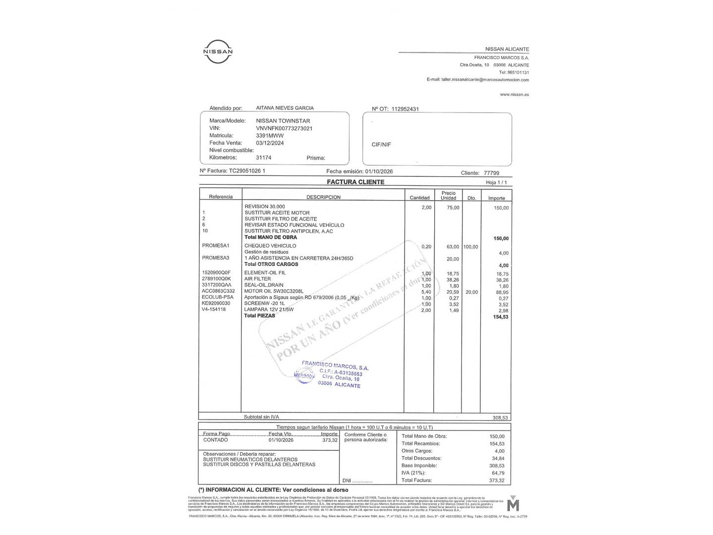 Foto del mantenimiento del Nissan Townstar Nissan Townstar Furgon 1.3 G Doble Cabina Comfort L2 (130 CV)