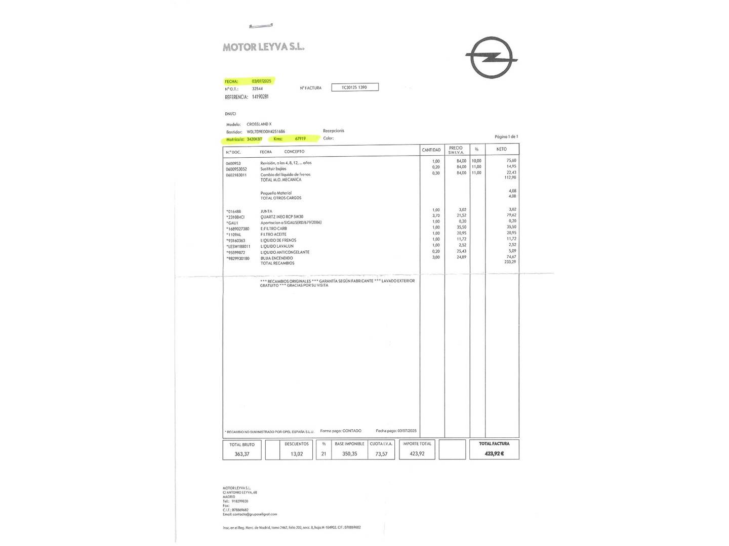 Foto del mantenimiento del Opel Crossland X Opel Crossland X 1.2 Turbo S&S ecoTEC Selective (110 CV)