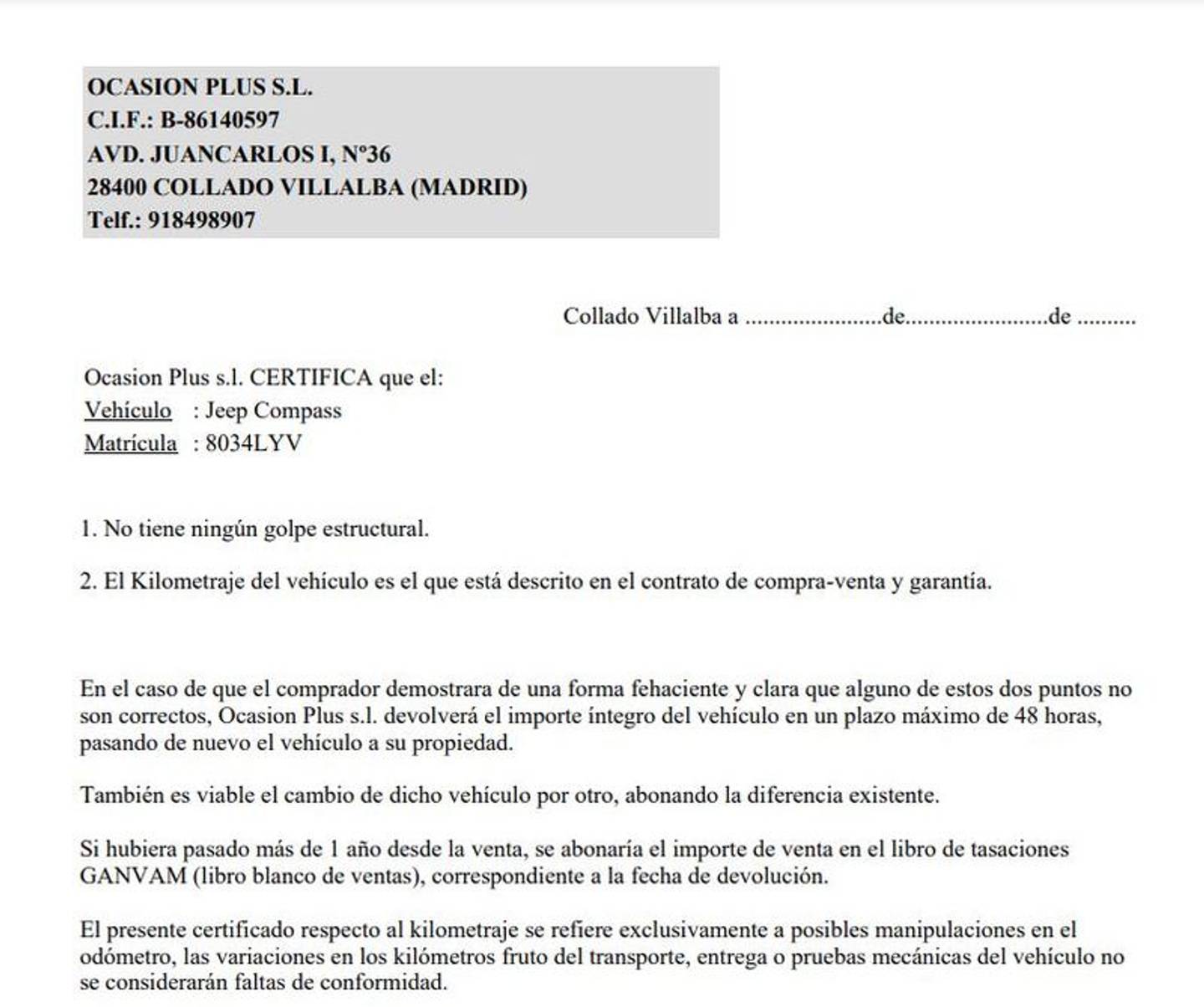 Foto del certificado del Jeep Compass Jeep Compass 1.3 Gse T4 Longitude FWD MT (130 CV)