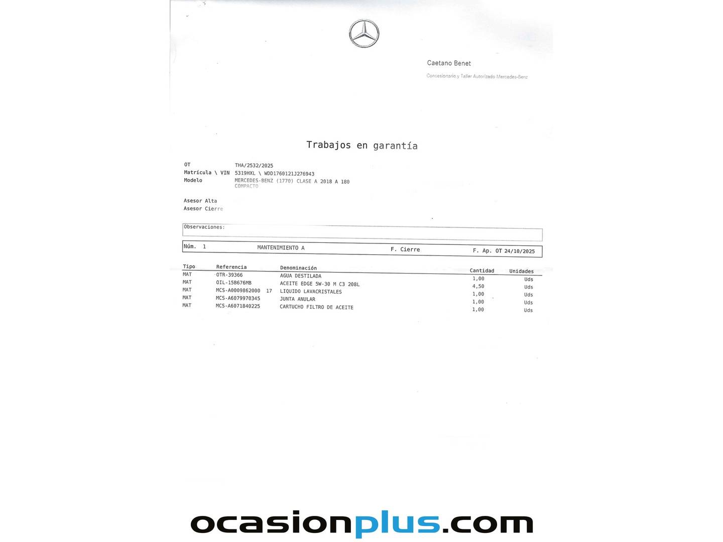 Foto del mantenimiento del Mercedes Clase A Mercedes Clase A 180 CDI Urban (109 CV)