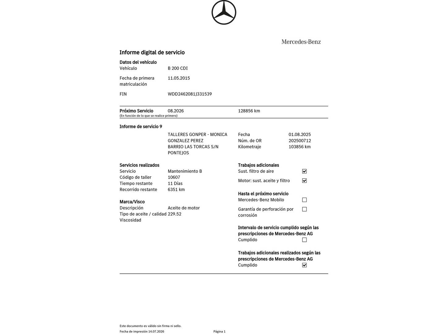 Foto del mantenimiento del Mercedes Clase B Mercedes Clase B 200 CDI (136 CV)
