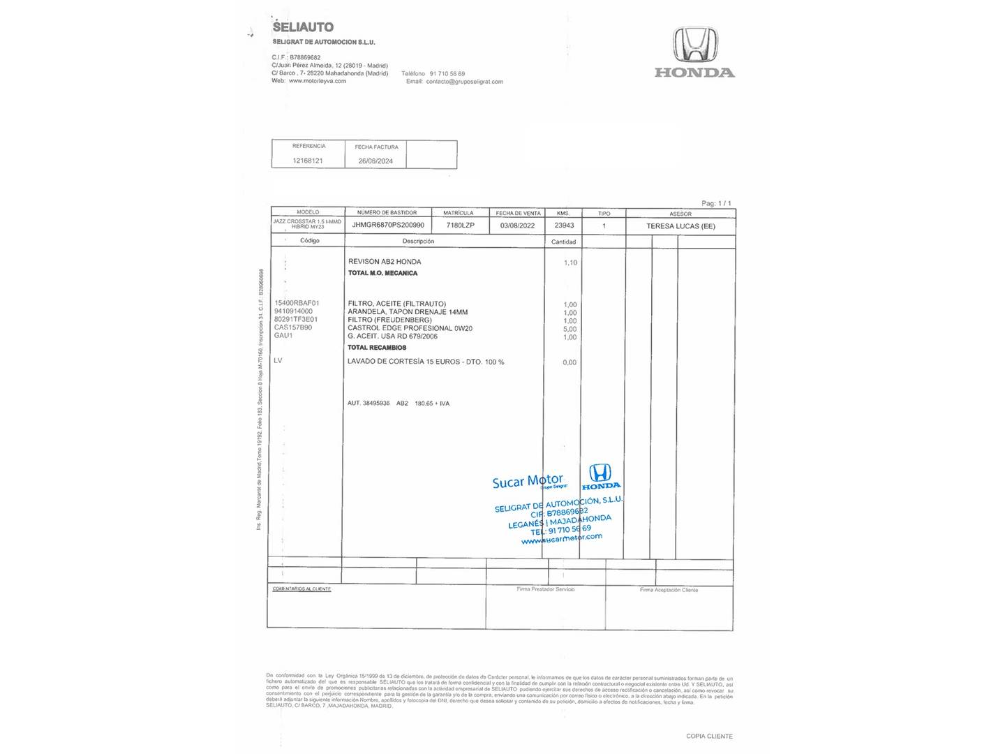 Foto del mantenimiento del Honda Jazz Honda Jazz 1.5 i-MMD CROSSTAR (109 CV)