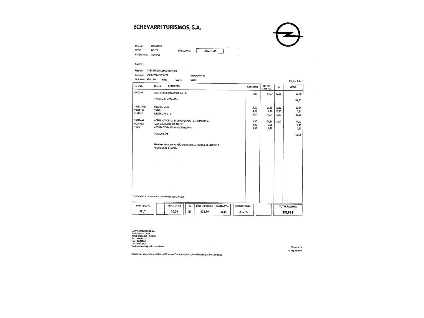 Foto del mantenimiento del Opel Insignia Opel Insignia 1.4 Turbo S&S Excellence (140 CV)