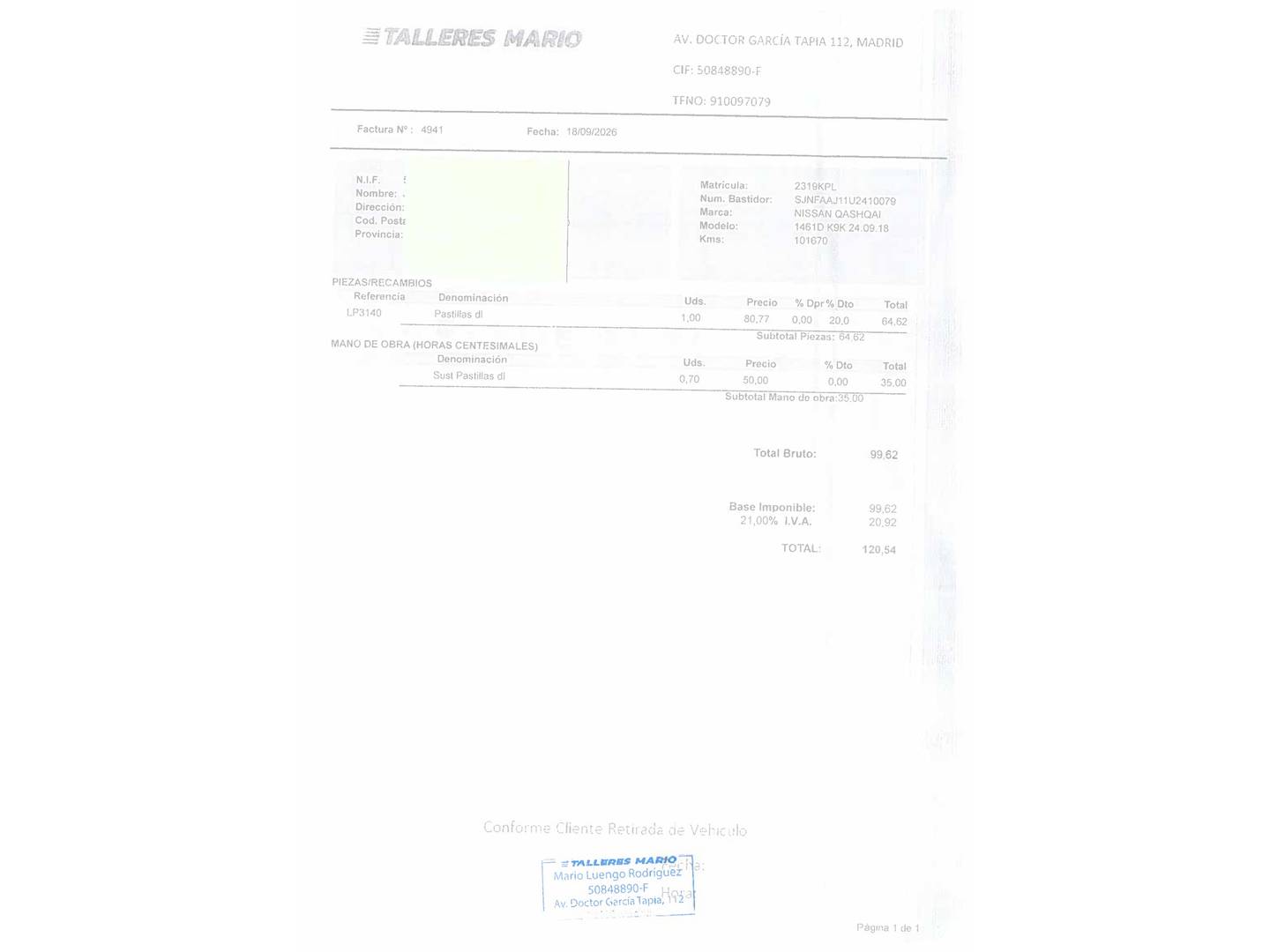 Foto del mantenimiento del Nissan QASHQAI Nissan Qashqai dCi 115 N-Connecta 4x2 (115 CV)