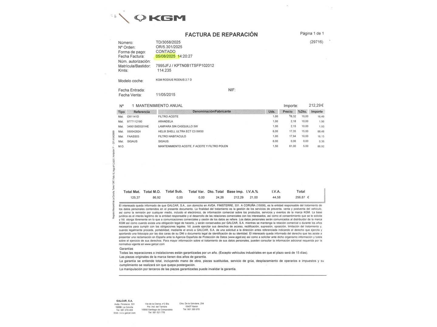 Foto del mantenimiento del SsangYong Rodius SsangYong Rodius 2.0 e-Xdi Premium Auto (155 CV) 7 Plazas