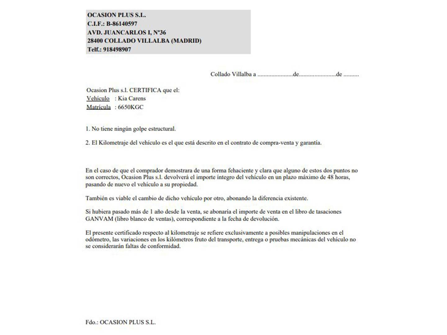 Foto del certificado del KIA Carens KIA Carens 1.6 GDi Drive (135 CV)